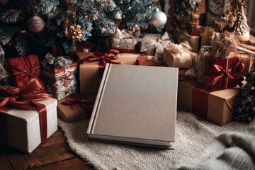 Christmas gift surround a photo album beneath the tree