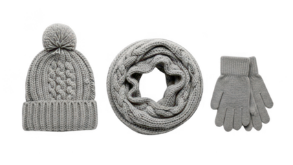 gray winter set png knitted set png hat scarf gloves png warm apparel png transparent background image