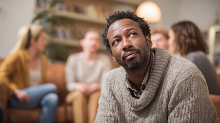 Distressed man talks about issues with diverse individuals at a support group