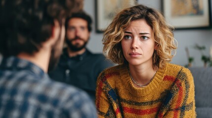 Distressed young woman converses with a female therapist while her husband stands nearby