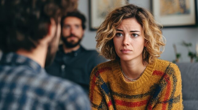 Distressed young woman converses with a female therapist while her husband stands nearby