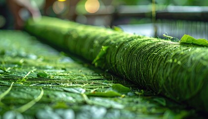 Organic Material Innovation Concept: Close-up of leaf fiber threads aligned on loom
