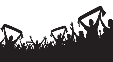 Silhouette of a cheering crowd with scarves raised in the air at a sporting event or concert. © Riki
