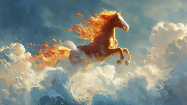 Majestic Horse Galloping Through Dramatic Clouds With Fiery Mane In Dreamlike Sky Scene