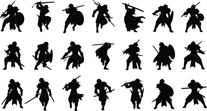 Warrior silhouettes, battle poses, sword and axe fighters, medieval combat, fantasy action, shield defense, heroic stance, black figures, epic clash