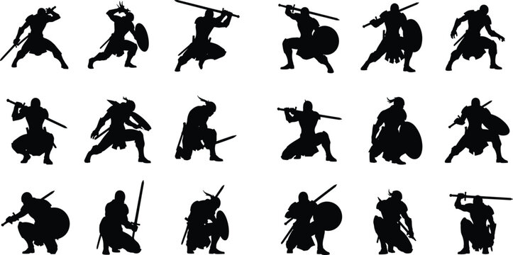 Warrior silhouettes, sword and shield poses, dynamic battle stances, medieval fighters, fantasy action, heroic figures, black silhouettes, epic combat