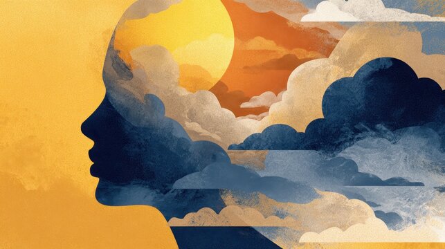 Female figure with sun above clouds in her mind Mental wellness idea