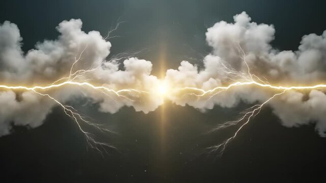 Vivid electrical power discharge illuminates menacing dark storm clouds, creating dynamic lightning bolts that connect with explosive force, representing immense energy advanced scientific principles