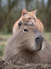 Ginger cat atop capybara