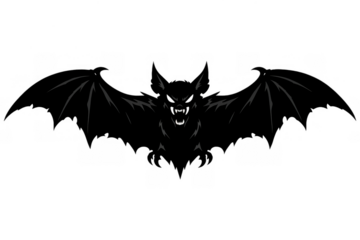 Scary black bat showing fangs and claws flying with spread wings. Halloween creature symbol for horror and night themes