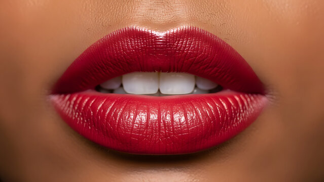 Closeup of red lips with glossy lipstick
