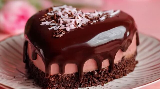 A luscious heart-shaped dessert showcases a glossy dark chocolate glaze artfully dripping over a creamy pink filling, set atop a rich, crumbly base. Elegantly garnished with white flakes and chocolate