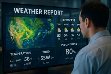 Man observing a modern digital screen showing weather patterns, temperature, precipitation, and a five day forecast map