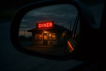 Retro diner neon sign illuminating rural road at night, reflecting in a car's side mirror, suggesting a late night stop