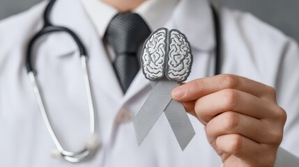 May is Brain Cancer Awareness Month symbolized by a grey ribbon promoting support for patients Concept of healthcare and World Cancer Day