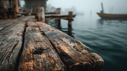 Fototapeta premium Weathered wooden dock piling and planks stand over dark murky water showing rustic texture in a low angle moody waterfront perspective.