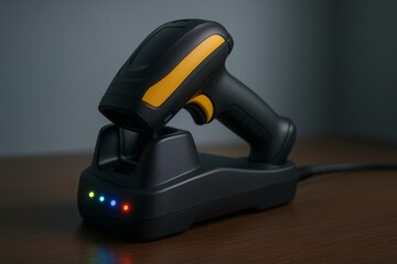 Wireless barcode scanner placed in its docking station, showing indicator lights. Concept of retail, inventory, and logistics technology