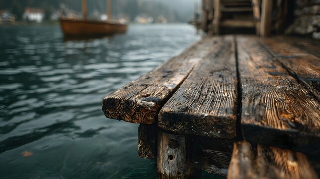 Weathered wooden dock piling and planks stand over dark murky water showing rustic texture in a low angle moody waterfront perspective.