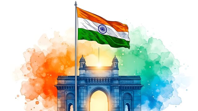 Indian flag waving above gateway of india with colorful background. India republic day celebration with indian flag at gateway of india mumbai