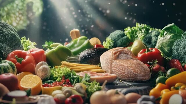 Vibrant and diverse selection of fruits, vegetables, seafood, and bread on a tabletop
