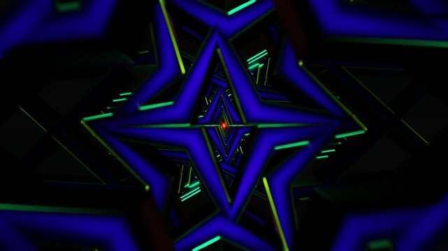 Abstract neon star tunnel looping kaleidoscope with glowing geometric shapes