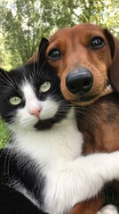 Close-up of a dog and cat embracing outdoors