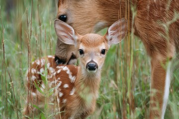 Close-up of a fawn and doe in tall grass