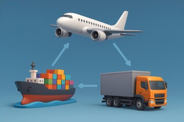 Global supply chain illustration showing cargo transportation with a container ship, airplane, and delivery truck on blue background