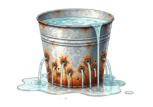 heavily weathered galvanized steel bucket, rich rust patina, leaking urgent streams of pale cyan water, minimalist watercolor illustration on white background. concept of systemic inefficiency and