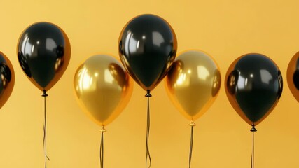 A bunch of metallic balloons in black and gold, clustered together and ready for a celebration.