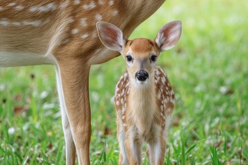Close-up of a fawn and doe in a grassy field