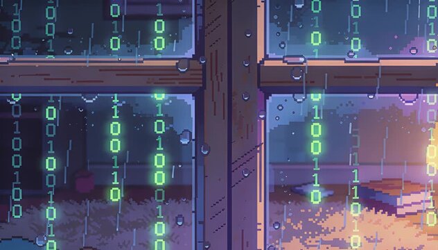 Retro pixel art scene rain outside window with glowing binary code data stream atmosphere loop, digital rain.