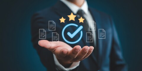 Quality assurance concept with five-star rating and check mark icon in hand, representing approval process, compliance, verified documents, standard control, business trust and customer satisfaction. 