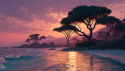 Coastal scene with Stone Pine trees and sunset over a beach in Tuscany, Italy