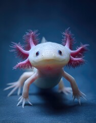 Close-up of a pale axolotl, featuring fringed gills and a smiling face
