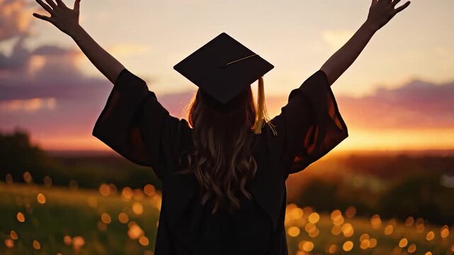 Celebrating Graduation - A Graduates Joyful Moment at Sunset.