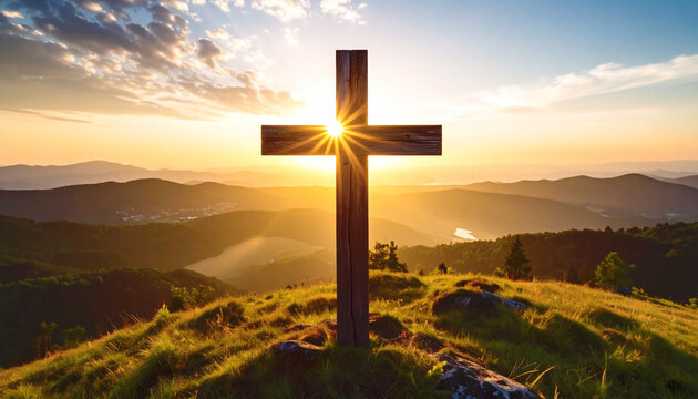 Christian wooden cross with dramatic sunset. AI