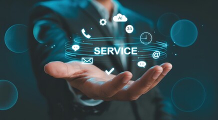 Customer service and support solution, Businessman offering digital support with global communication icons. Contact us page, online helpdesk, 24/7 service, Ai chatbot, email, Ai assistance. 