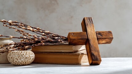 Wood cross scripture willow branches on a table abstract light backdrop Orthodox Palm Sunday and Easter symbolizing Christianity Lent and faith