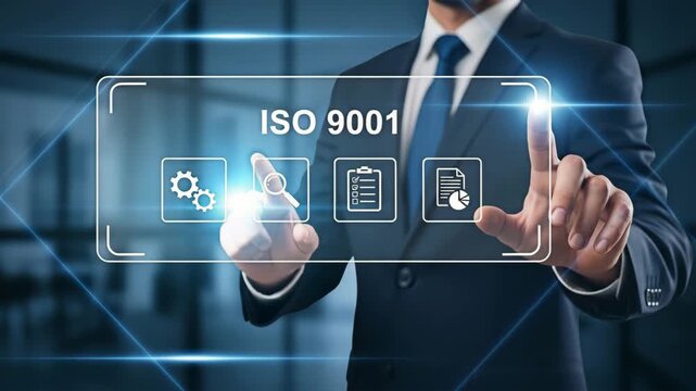 A man pointing ISO 9001 concept of quality management and standards.
