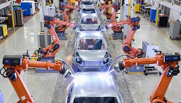 Automotive assembly line robots welding car bodies on a factory conveyor belt robot arms welding.