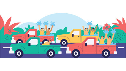 A colorful vector illustration of people riding in pickup trucks with their hands raised in excitement