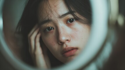Young Asian woman gazing at her reflection concerned about her cracked skin and dark circles