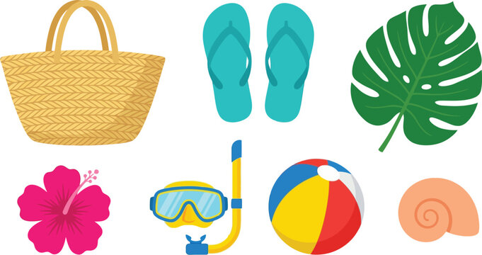 Summer beach vacation essentials flat vector pack with straw tote bag turquoise flip flops monstera leaf pink hibiscus flower snorkel mask beach ball seashell representing tropical paradise isolated
