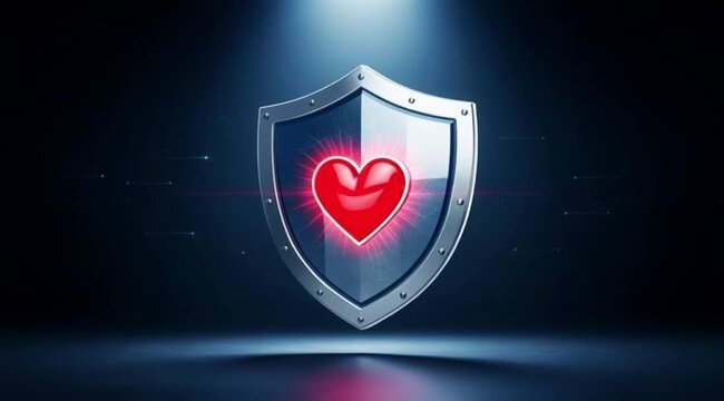 Security Shield with Glowing Red Heart Symbol - Health Protection Concept. Video motion.