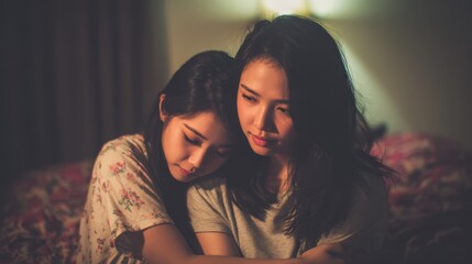 Young attractive Asian woman comforting her depressed friend in bed at night highlighting friendship and mental health