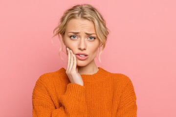 Young attractive blonde in casual attire grimaces while touching her mouth suffering from a toothache or dental issue