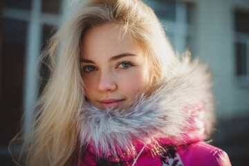 Young attractive blonde wearing a vibrant pink coat with faux fur