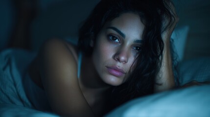 Young attractive Hispanic woman in bed at home late at night struggling with insomnia and anxiety over nightmares feeling sad and worried about her mental health
