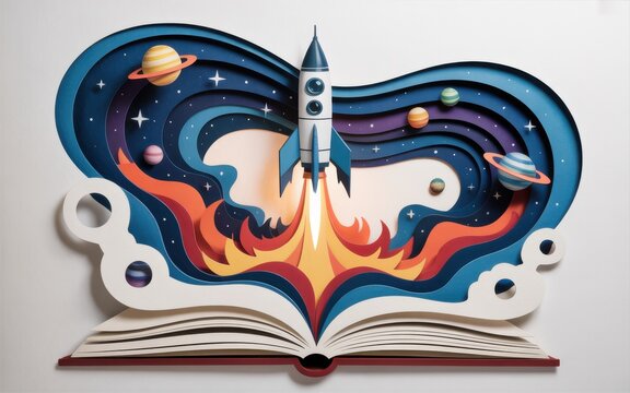 A rocket ship blasting off into space from an open book with swirling clouds of orange and blue